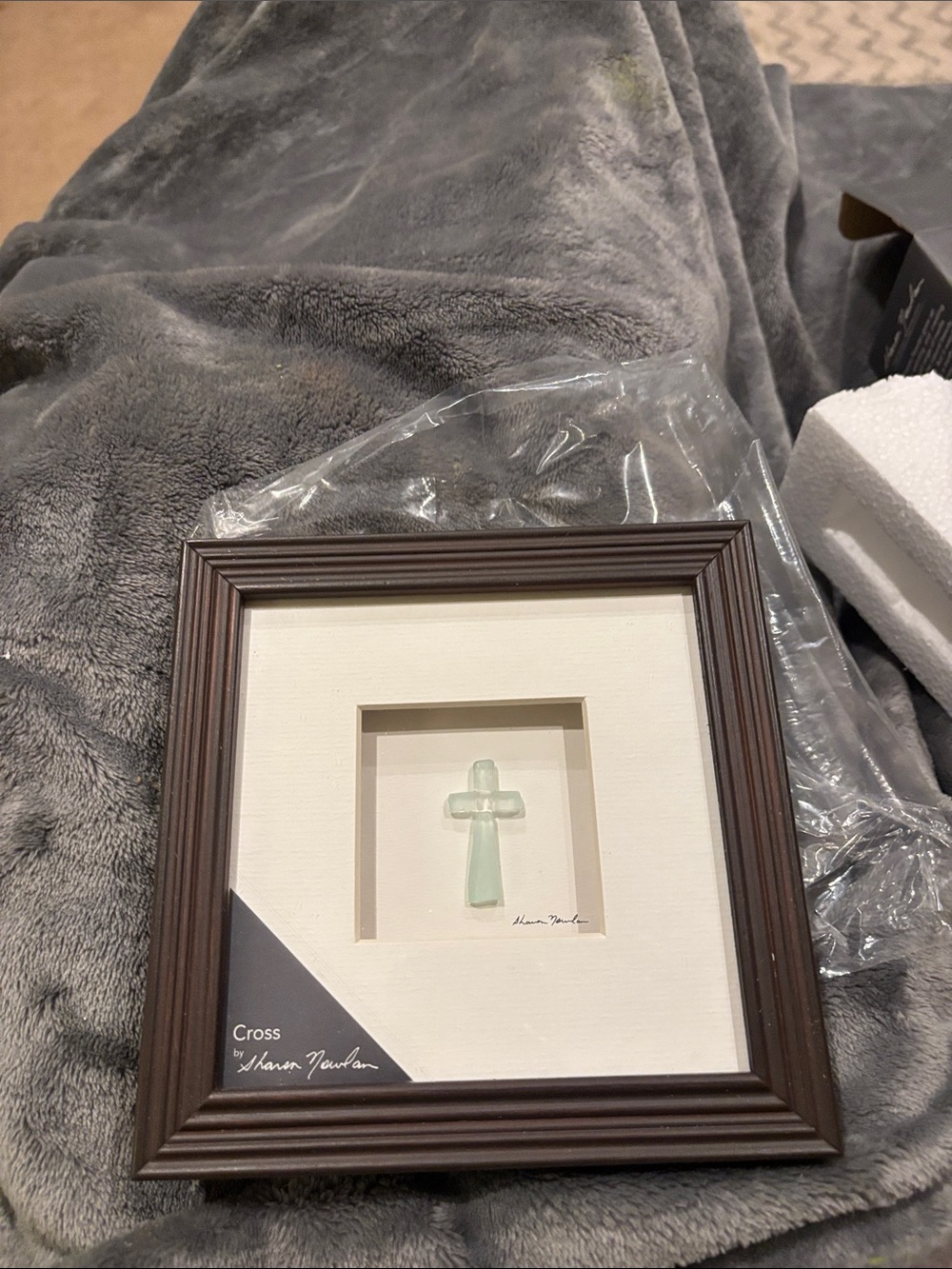 Framed Sea Glass Cross Wall Accent - Brown Frame, Light Aqua Cross